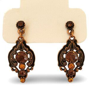 Vintage Charm in Every Detail – 1928 Bronze Filigree Crystal Drop Earrings NWT